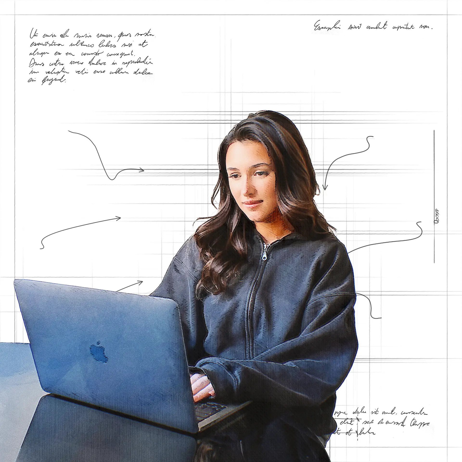 Porträt von Frodesign, Designerin am Laptop, vor einer Skizzen-Grafik, passend zur Seite ‚Über mich‘, die Einblicke in ihre Arbeit und ihren Werdegang gibt.
